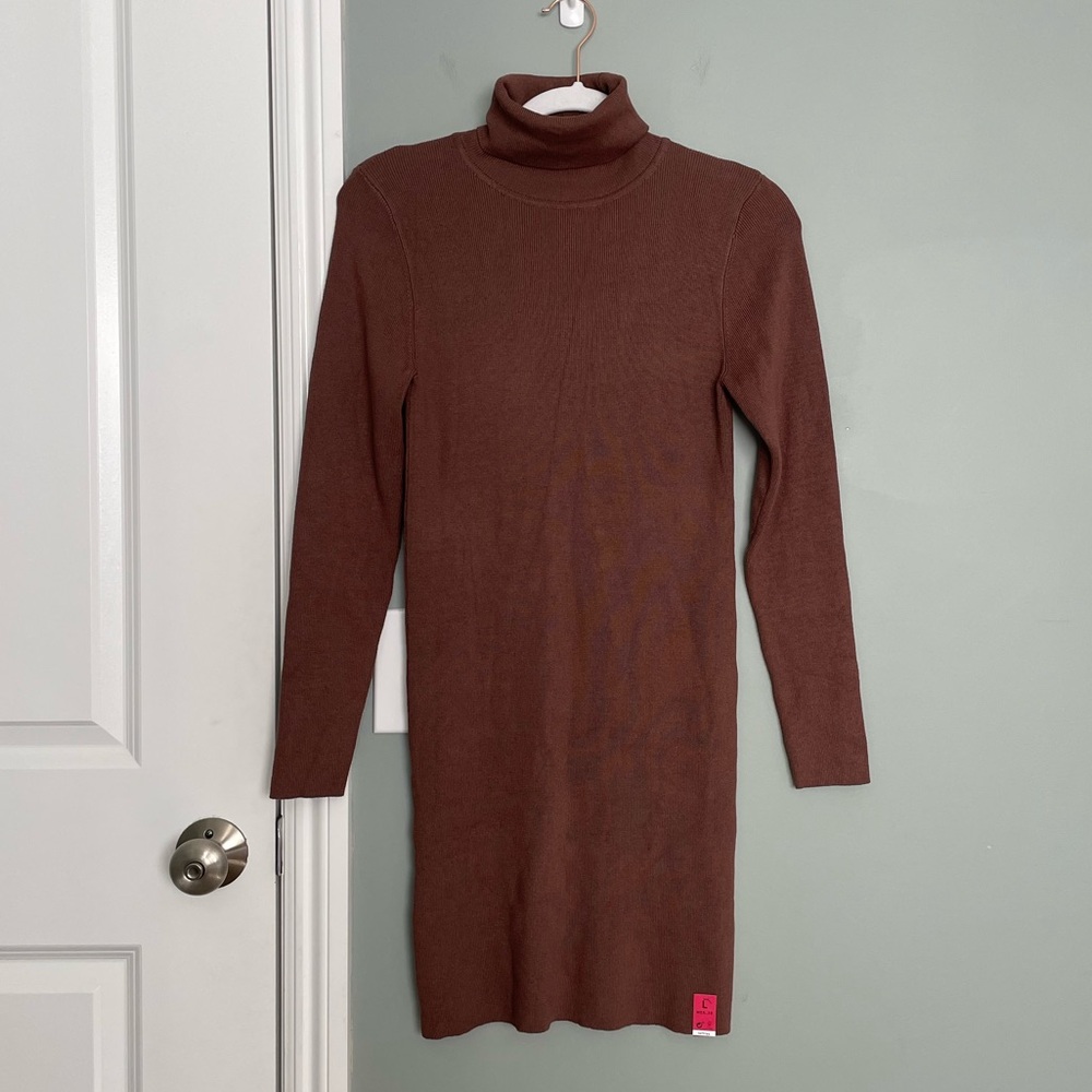 NWT Lefties Ribbed Earth Tone Brown Turtleneck Long Sleeve Bodycon Mini Dress